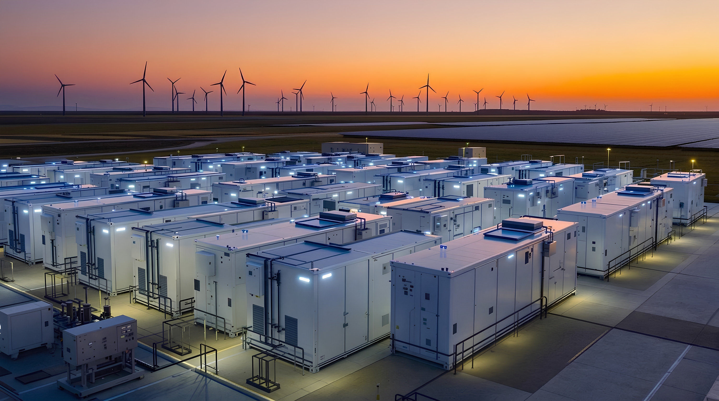 Battery energy storage system containers at a utility-scale renewable site